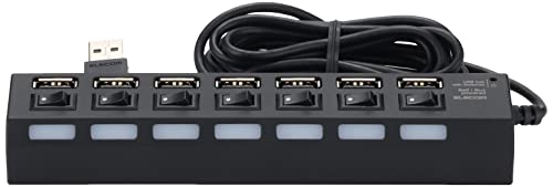 Elecom USB 2.0 Хаб, 7 портов, с адаптером переменного тока, Само/Шинно-совместимый, Индивидуальные переключатели, 2.0м, Черный, U2H-TZS720SBK