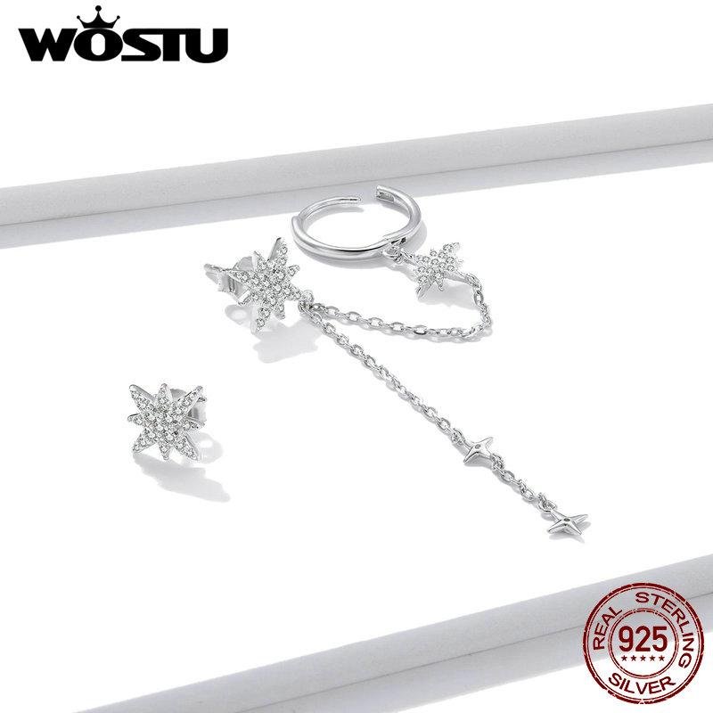 WOSTU Authentic 925 Sterling Silver Brand Design Simple Dreamy Shining Stars Stud Earring for Women Silver Jewelry Earring