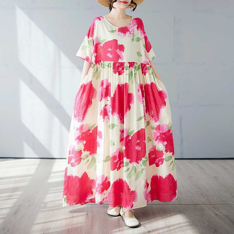 Простая и модная длинная юбка, летнее платье с короткими рукавами и круглым вырезом с принтом