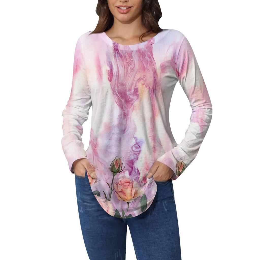 Рубашки для женщин Милые винтажные узоры с принтом Футболка с длинным рукавом Туника Топы Хлопковые пуловеры