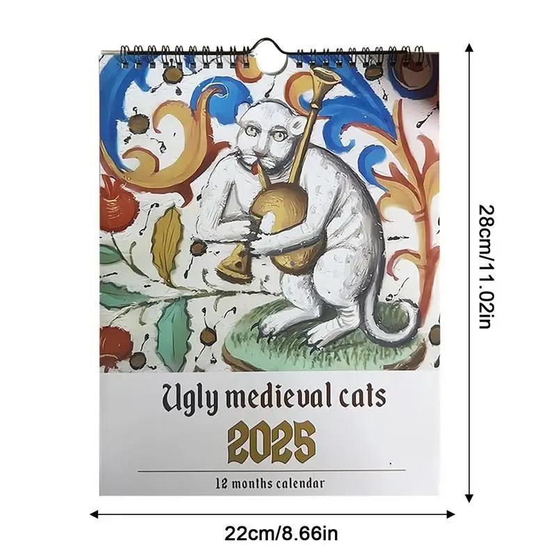 Ежемесячный настенный календарь с кошками 2025 года, уродливый средневековый календарь с кошками, органайзер, ежедневный календарь для любителей кошек, планировщик расписания, украшение дома