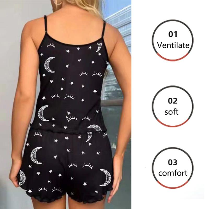 Women Heart-Shaped Moon Print Colour Collision Decoration Pajamas Set Sweet Wind Suspenders Shorts Two Sets of Black