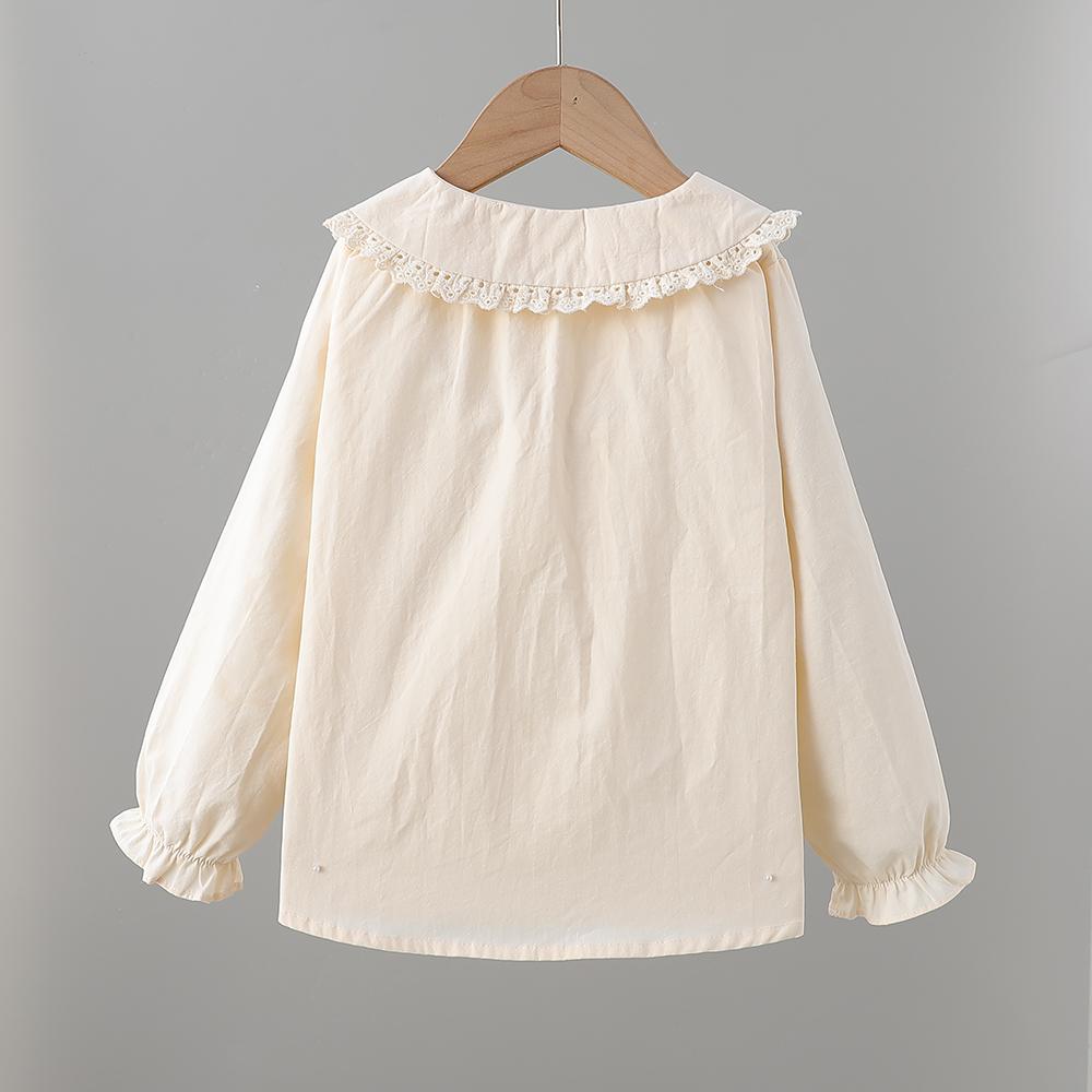 Бежевая блузка для девочки с цветочной вышивкой и кружевом, воротник Питер Пэн, весна-осень, 2-6 лет, одежда для девочек
