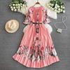 Summer Women Elegant Print Oversized Loose Long Maxi Party Pleated Dresses with Belt