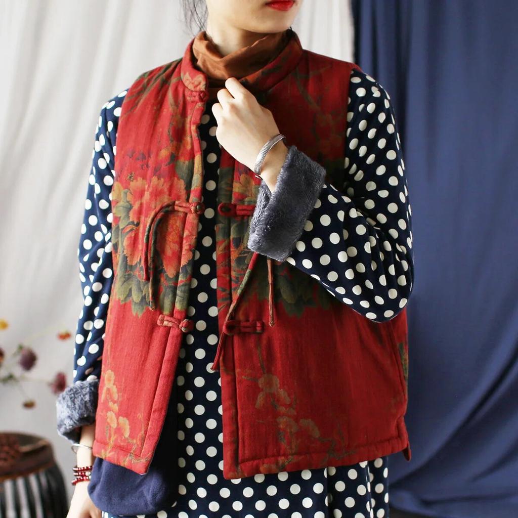 Johnature Женские винтажные красные жилеты с цветочным принтом, пальто со стойкой, теплая хлопковая одежда, осенние жилеты на пуговицах в китайском стиле, пальто