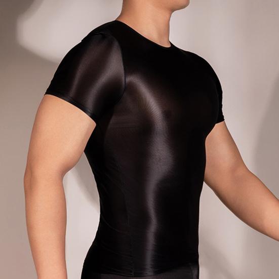 Мужская футболка, тонкая, высокоэластичная, с круглым вырезом, короткими рукавами, облегающая, с хорошей воздухопроницаемостью, с прозрачной глянцевой поверхностью