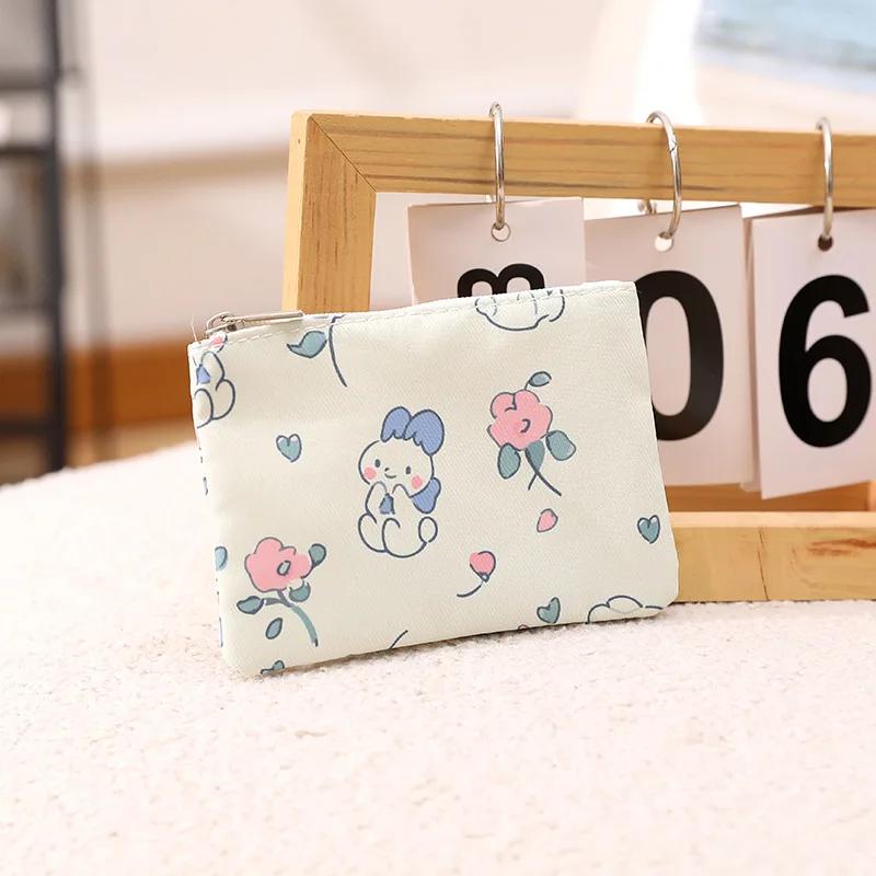 Маленький карманный мини-кошелек с цветочным принтом, небольшой свежий хлопковый цветочный мультяшный тканевый мешочек для карточек, женский студенческий кейс для хранения монет