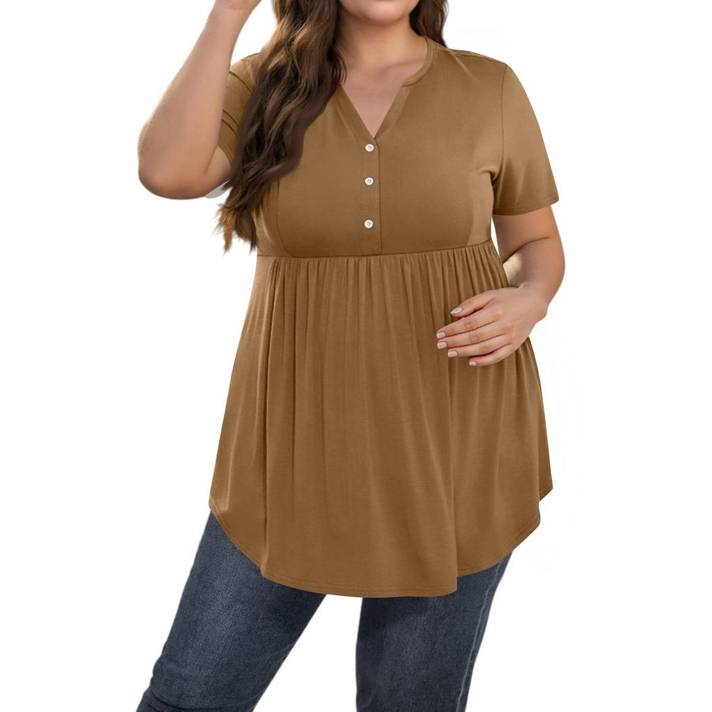 Women's Solid Color Large Size V Neck Button-Up Top Casual Short Sleeve Flowy Top