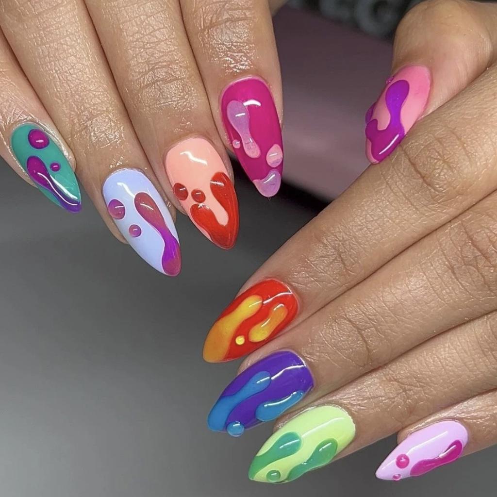 Colorful Press On Nails Almond Fake Nails with Designs Reusable False Nails Press Ons Glossy Full Cover Acrylic Glue On Nails Stick On Nail for Women