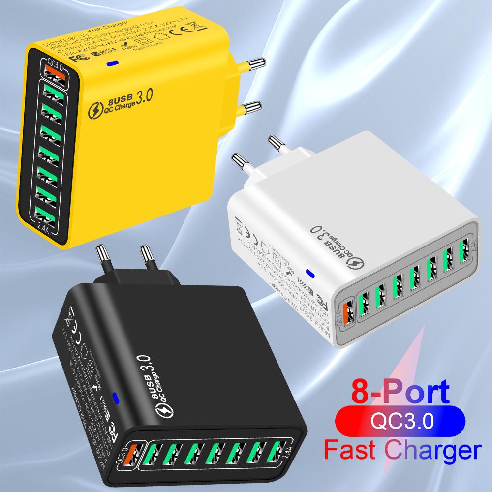 Total 65W 8 Ports Fast Charging USB Wall Charger QC3.0 Portable Mobile Phone Adapter For iPhone Samsung Xiaomi