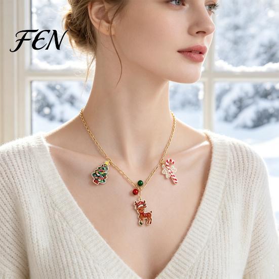 Decorative Holiday Jewelry Christmas Charms Necklace for Women, Cute Elk Tree Candy Cane Pendant with Bells, Festive Alloy Party Outfit Gingerbread