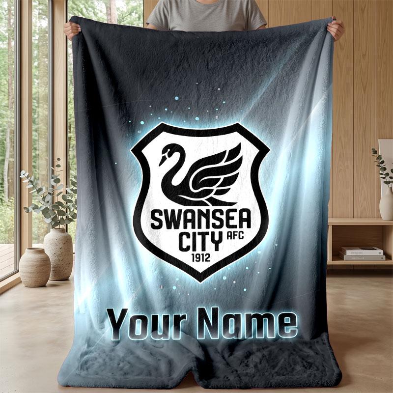 Swansea City FC Custom Name Text Flannel Blanket Soccer Logo Personalized Fleece Throw Blanket Special Gift For Sofa Bedroom Home