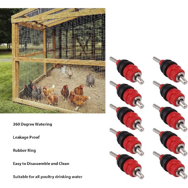 10pcs Automatic Chicken Water Nipple, Horizontal Poultry Drinking Water Feeders Screw Style Chicken Drinkers for Poultry Hen Duck Red Steel Ball