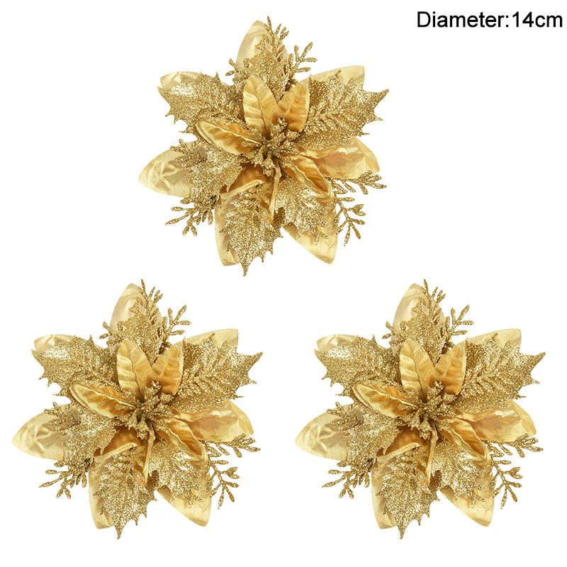 3/10pcs 14cm Christmas Flowers Glitter Red Gold Flower Head Xmas Tree Ornament New Year Decorations for Home Navidad Noel Gifts