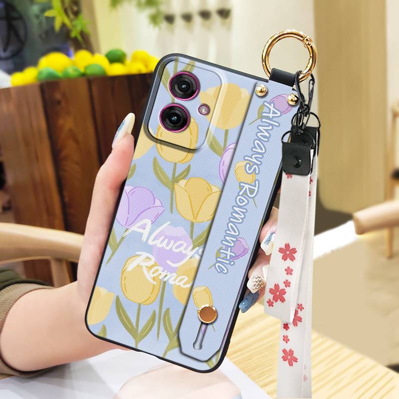 Soft Case Wrist Strap Phone Case For MOTO G55 5G Oil Painting Flower Phone Holder Anti-dust Shockproof Lanyard Kickstand