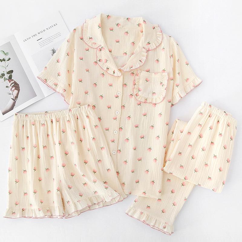 Pajamas women's summer thin, pure cotton cotton yarn small fresh short-sleeved shorts homewear three-piece set can be worn loosely