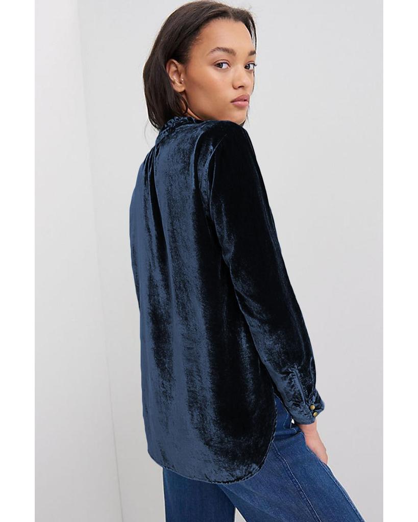 Azura Exchange Navy Blue Frilled Neck Buttoned Front Velvet Top