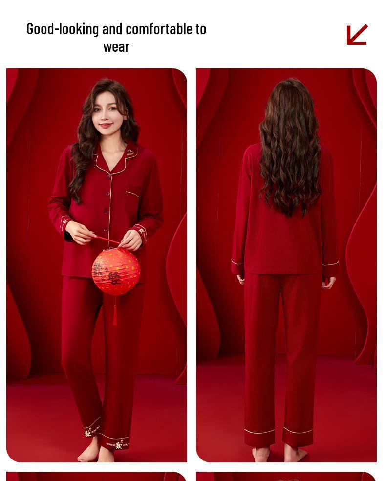 Радость вместе: Романтические красные хлопковые парные пижамы - Свадебные праздничные, удобные и долговечные.