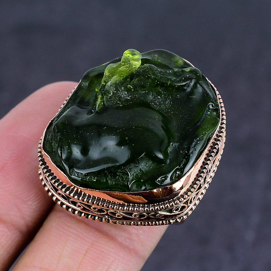 Натуральный молдавитовый кварцевый драгоценный камень, ручная работа, медное ювелирное кольцо, размер 8 Y8j32