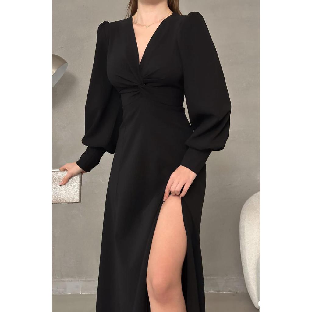 Black Crepe Fabric Front Knot Detail Maxi Length Long Sleeve Double Slit Dress