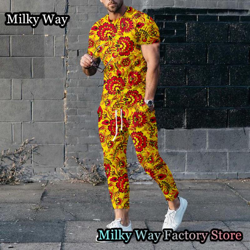 Роскошный мужской спортивный костюм с принтом цепочки, летний комплект из 2 предметов, футболка и брюки, винтажный спортивный костюм, мужская модная одежда, ретро наряд