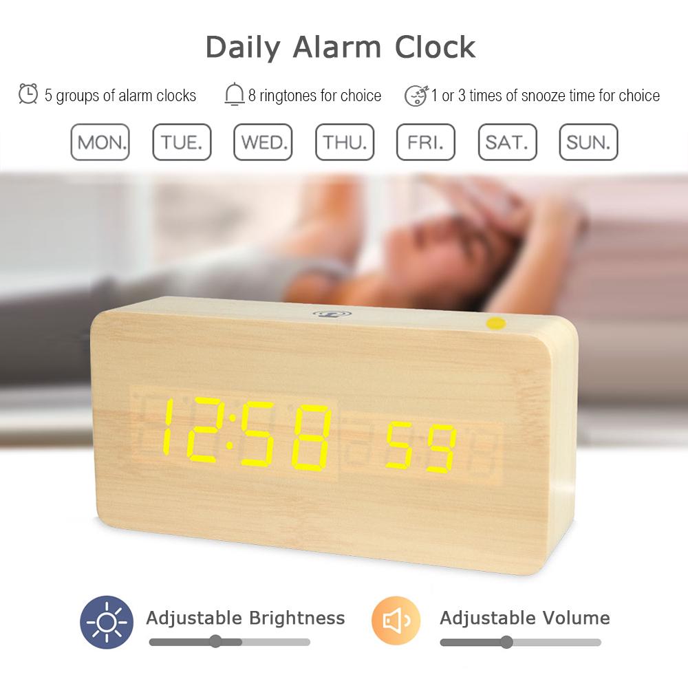 LED Digital Wooden Alarm Clock APP Control Time/ Temperature/ Date Display Electronic Desktop Clock 4 Levels Brightness Sound Control USB Charge