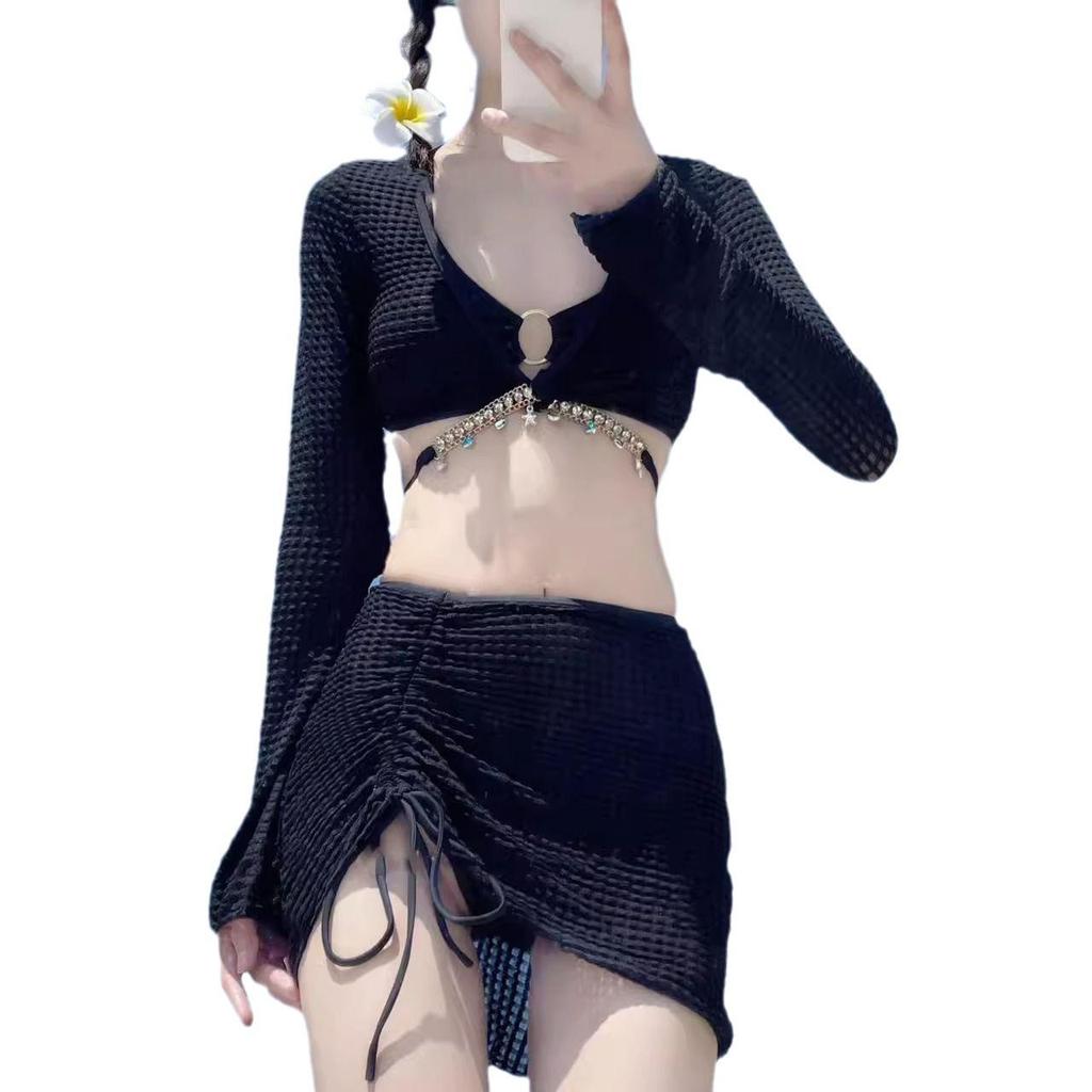 2024 Сексуальный комплект бикини из четырех частей: С длинным рукавом, приталенный крой для маленькой груди - Идеально для отпуска на море