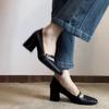 Women's Gentle Retro Single Shoes Women Spring Autumn Mary Jane Shoes Black Leather Square Toe Thick Heels Shollow Single Shoes
