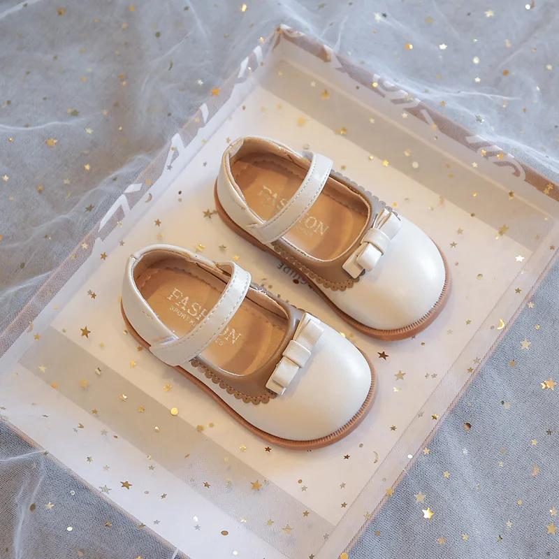 Girls' PU Shoes 2024 Spring Kids New Black Cute Bow Children's Solid Color Loafer Beige Size 21-30