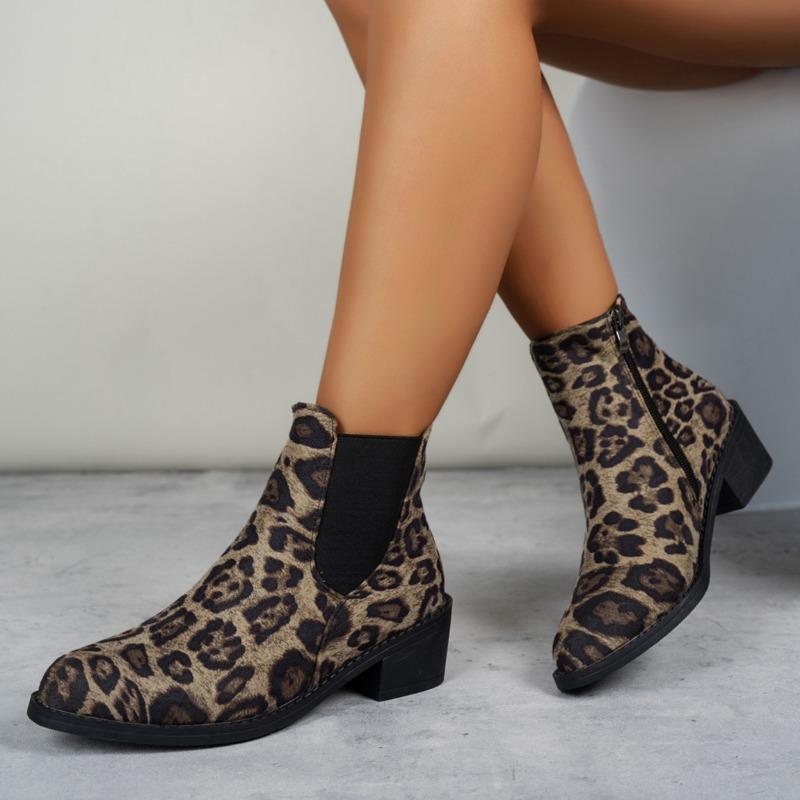 Женские леопардовые ботинки Chelsea Snow Ankle Boots Brand High Heels Shoes Winter 2025 Trend Goth Party Casual Cozy Chunky Botas Mujer
