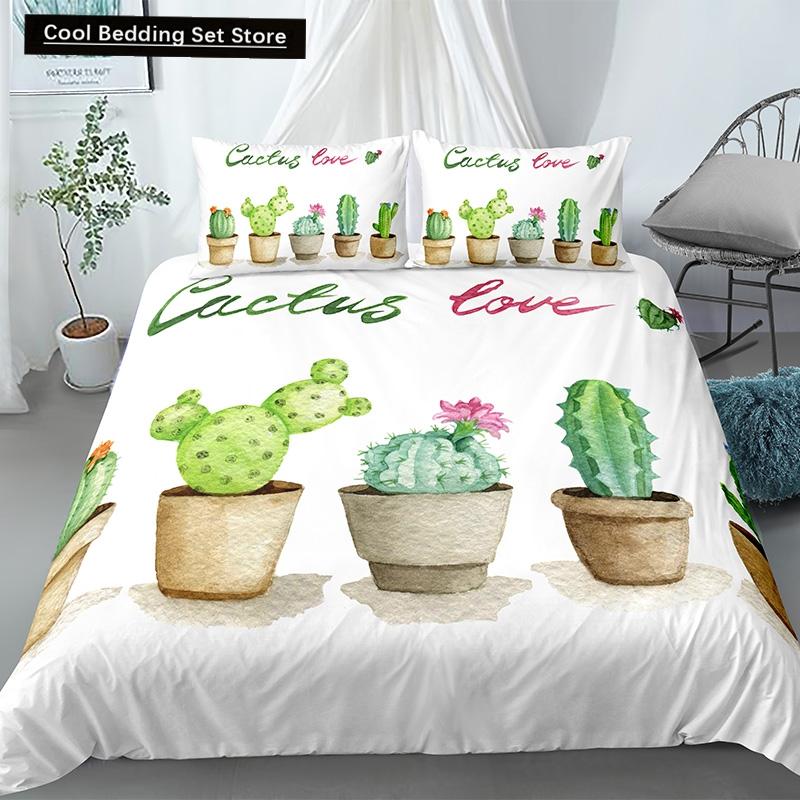 Пододеяльник Cactus King Queen Набор постельного белья с суккулентами для детей, подростков, взрослых Зеленый Ботанический с цветами 2/3 предмета Полиэстеровый пододеяльник