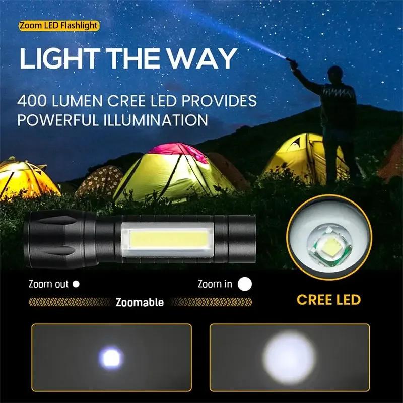 Mini LED Flashlight COB Work Light Portable Torch Rechargeable Camping Lantern Zoomable Tactical Flashlight for Camping Hiking
