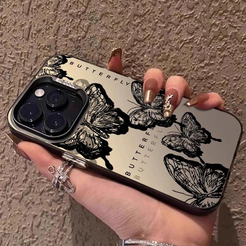 Retro Black Butterfly Phone Case For Iphone16 For Iphone17 15 14 Plus 13 12 11 Pro Max Electroplated Cover Case Funda Bumber 16E