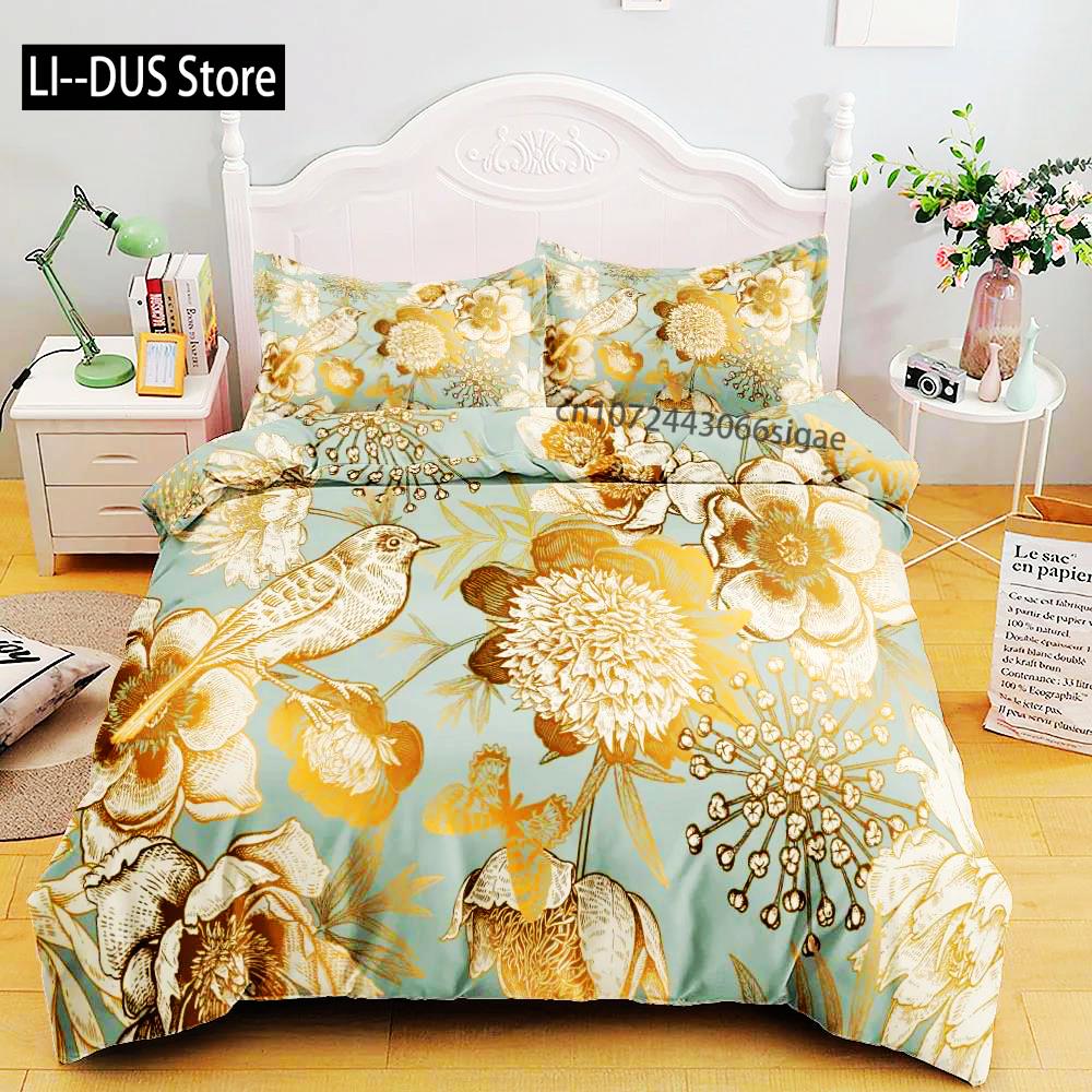 Набор постельного белья из стиранного хлопка с 3D-печатью, рисунок птицы и цветы, маленький односпальный, полуторный, двуспальный, королевский, суперкоролевский размер