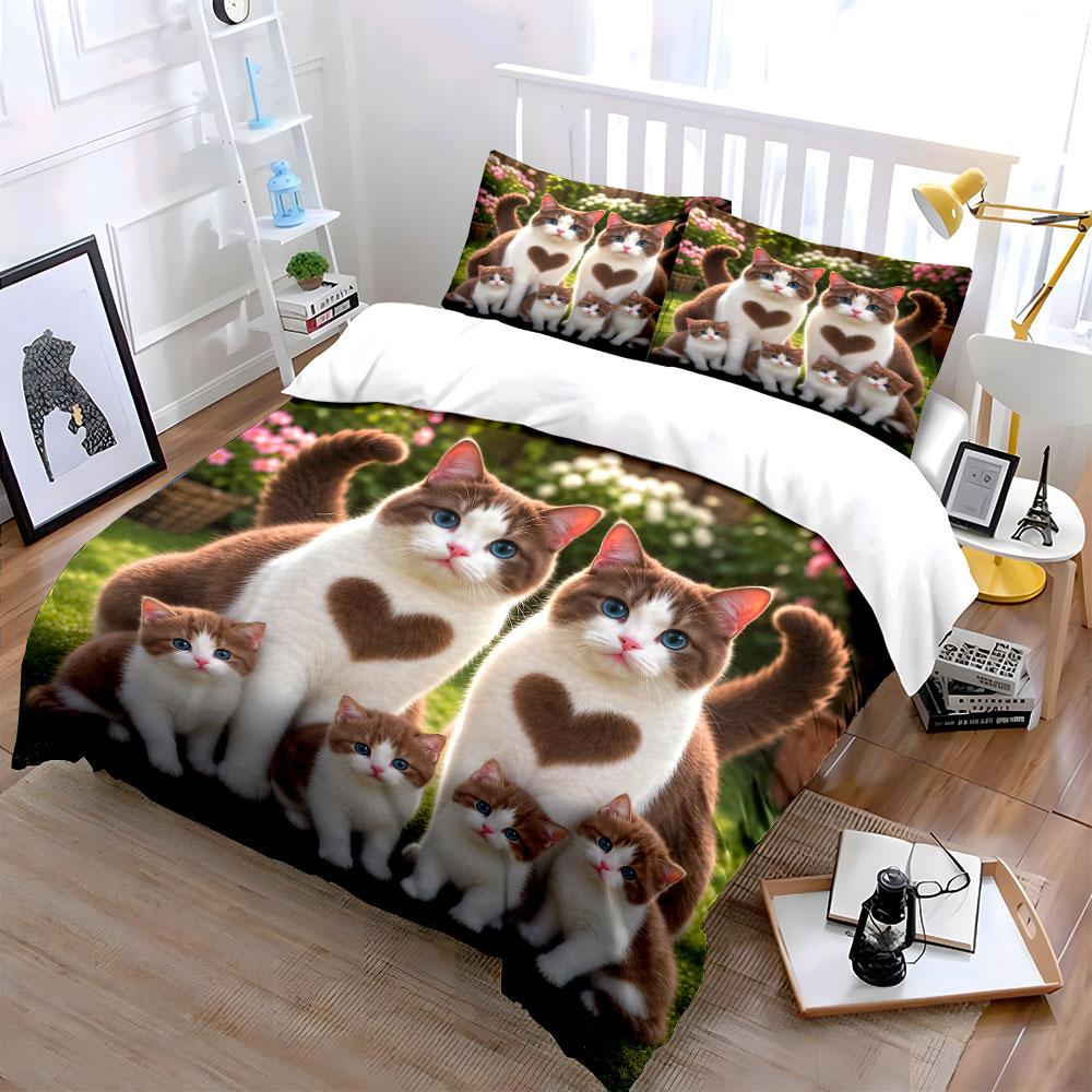 Heart Pattern Cat Family Print Bedding Duvet Cover Set (1*Duvet Cover 2*Pillowcases, without duvet insert)