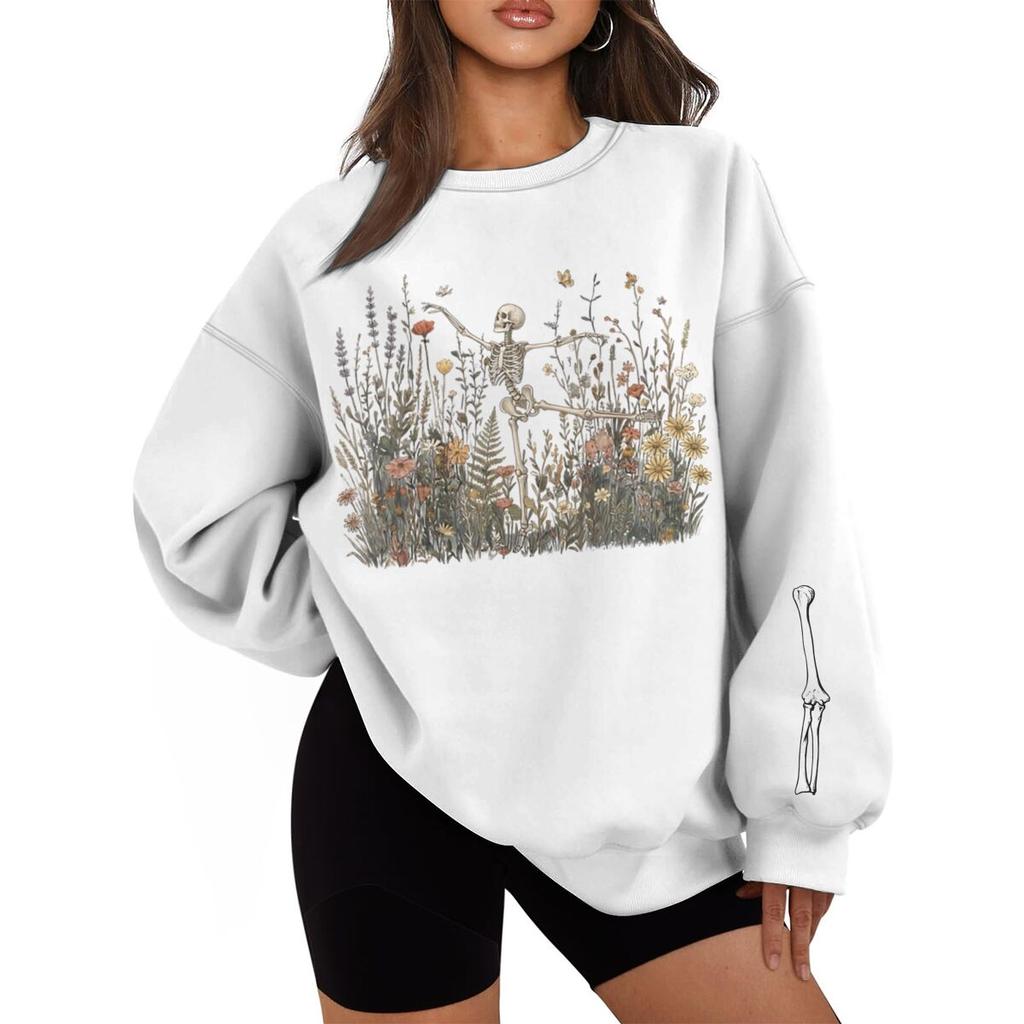 Halloween Skeleton Graveyard Print Sweatshirt Vintage Spooky Season Streetwear Fun Halloween Pullover For Men Women