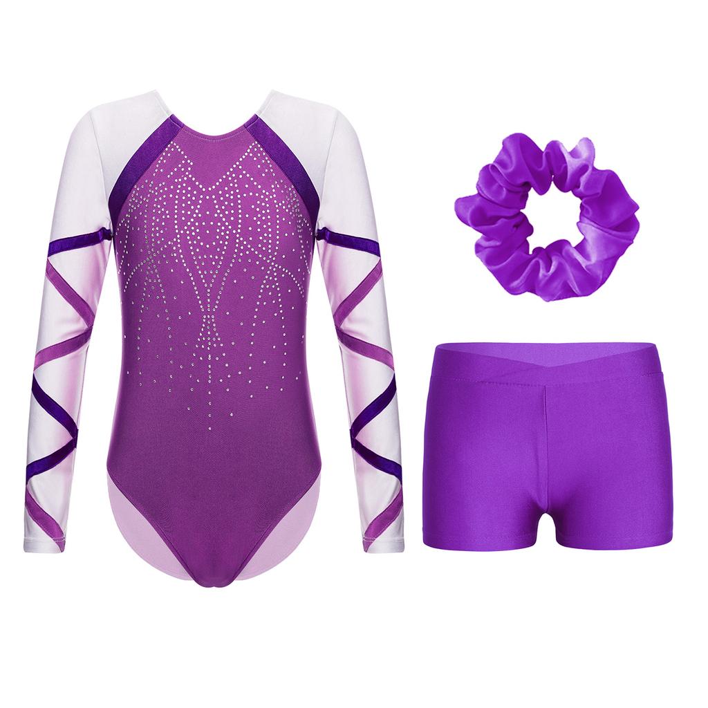 Костюм для танцев для девочек из 3 предметов, блестящий купальник с длинными рукавами, V-образный вырез спереди, шорты, повязка для волос для соревнований по гимнастике