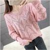 Hollow Knitted Sweater Women's Pullover Spring and Autumn V-neck Blouse Loose Outer Sweater Bottoming Shirt