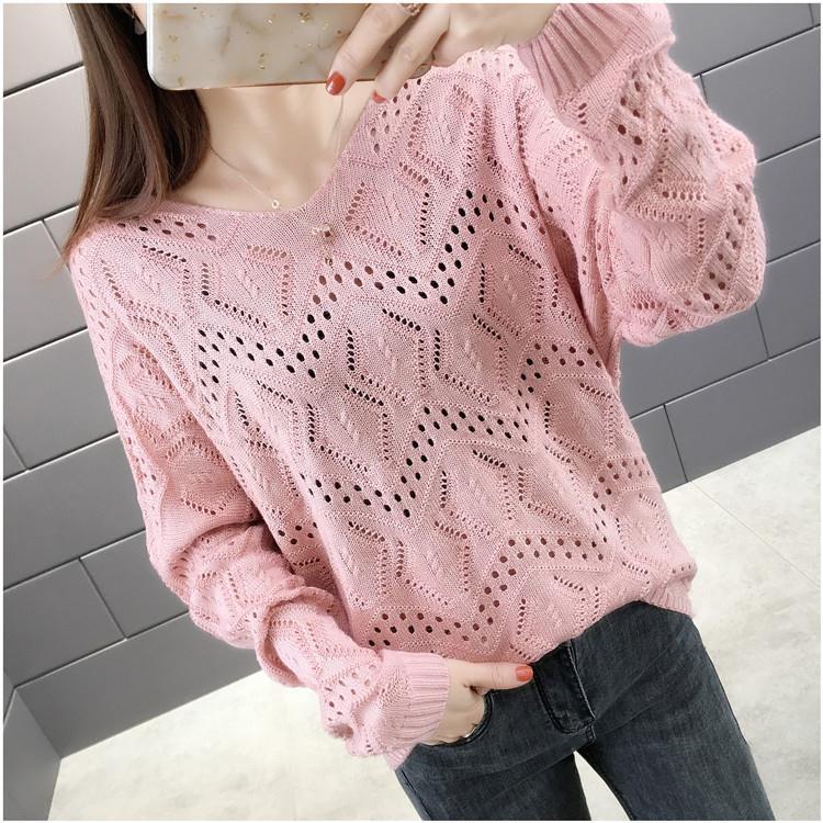 Hollow Knitted Sweater Women's Pullover Spring and Autumn V-neck Blouse Loose Outer Sweater Bottoming Shirt