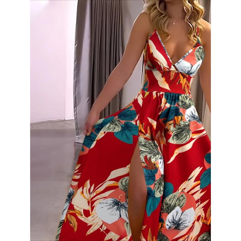 Летняя мода женские халтер V-образный вырез прорезь сзади завязка разрез длинные платья