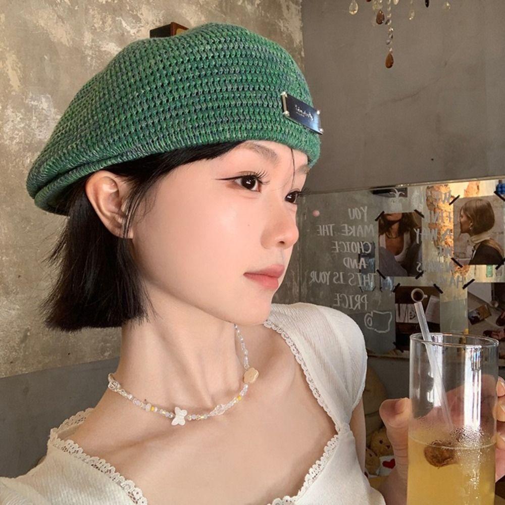 Japanese Style Weave Hat Vintage Crochet Knitted Cap Elegant Hollowed Out Beret Hat Spring