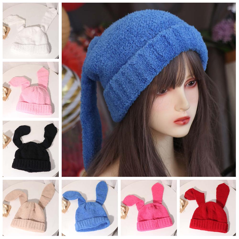 Y2K Rabbit Ear Hats Knitted Plush Skull Cap All-match Women Beanie Hat Ladies