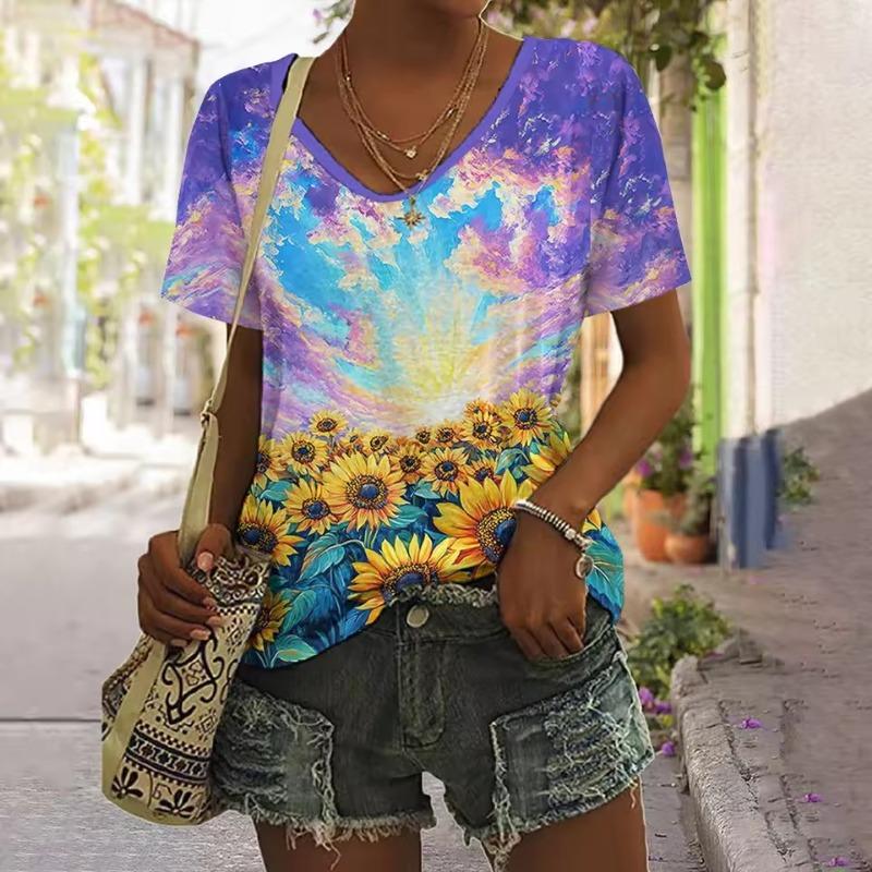 V-neck T-shirt Daily Fashion Tops Women's Short Sleeve Floral Printed Patterns Plus Size Loose Women's Clothing Outdoor T-Shirt