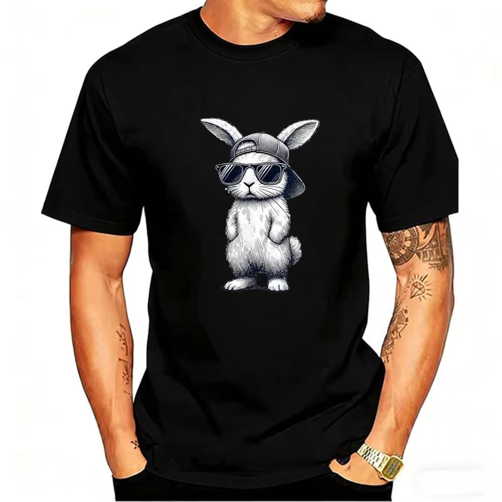 Easter Mens Cool Bunny with Baseball Cap Sunglasses Cotton TShirt Hip Hop Style Rabbit Graphic Short Sleeve Crewneck Tee
