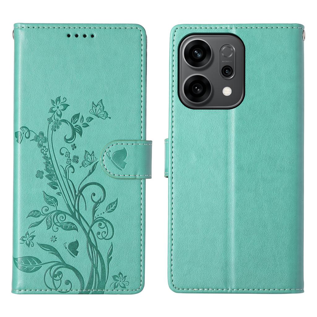 For Oppo Reno14 F 5G Wallet Case Butterfly Floral Imprint PU Leather Phone Cover with Wrist Strap
