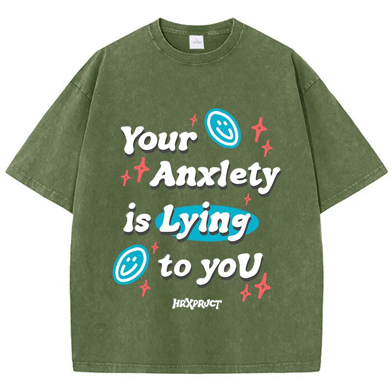 Винтажные женские футболки с кислотной стиркой Ваши тревоги лгут вам Принты Топы Круглый вырез Хлопок Оверсайз Рубашки