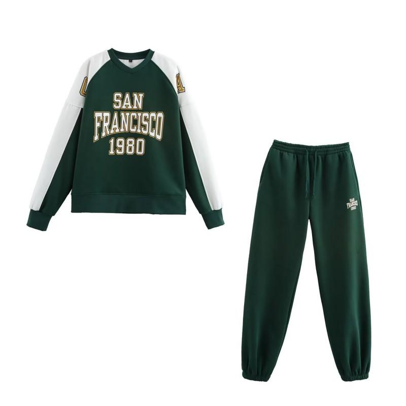 Womens Casual College Style Hoodie Pants Set Green Long Sleeve Loose Fit Cotton Blend Outfit