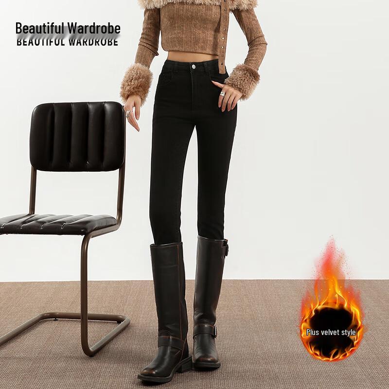 Женские ретро джинсы скинни с высокой посадкой и флисовой подкладкой