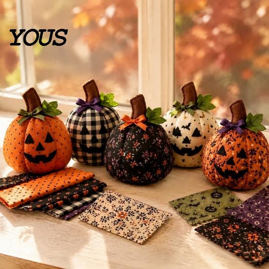 Halloween Patchwork Ornaments Fall Quilting Fabric for Pumpkins, Square Autumn Precut Quilted Fabric, Vintage Polka Decorative Gourds Porch
