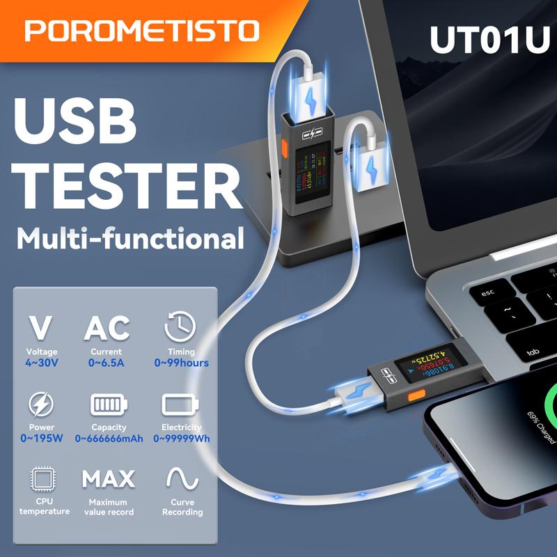 UT01U NEW USB Tester 4-30V 6.5A DC Voltage Meter Ammeter 0-195W Real Time Power Current Voltage Monitor Charging Capacity Tester